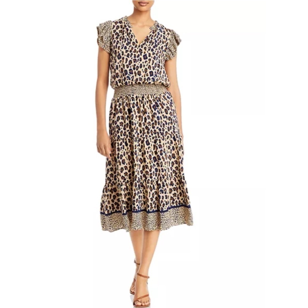 Vineyard Vines Borderline Ruffled Blue Leopard Print Midi Dress Size XL